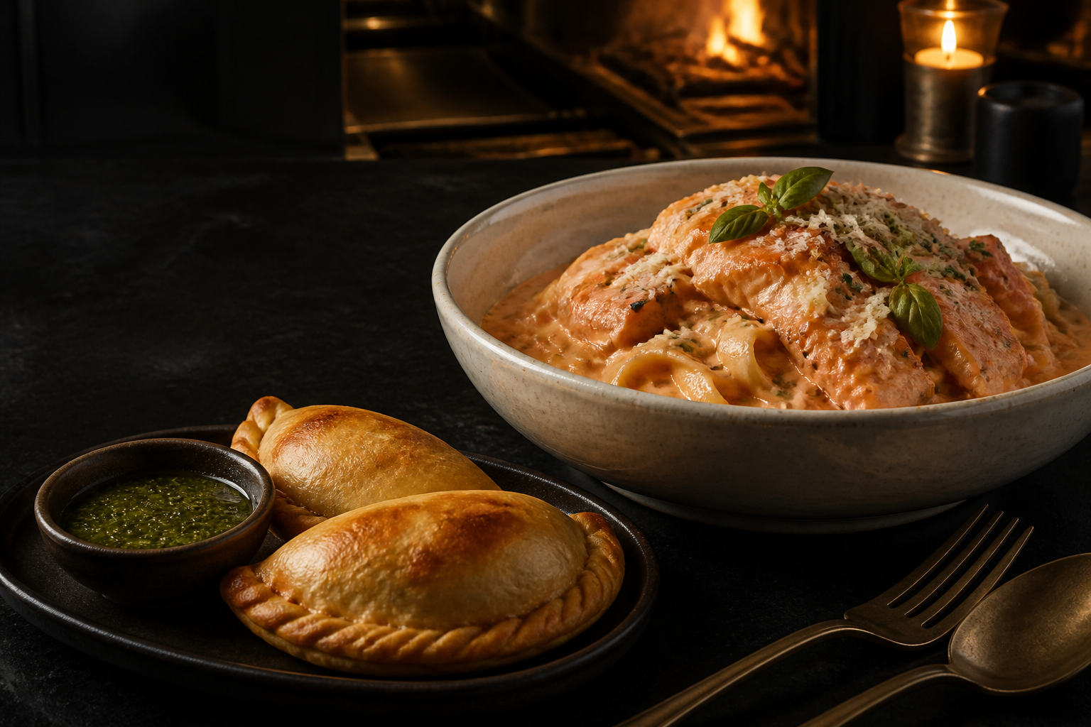 Pasta artesanal con salmón y empanadas argentinas